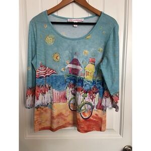 LEOMA LOVEGROVE Women's Tropical  Art  Top Bicycle Petite Medium Houses Shirt